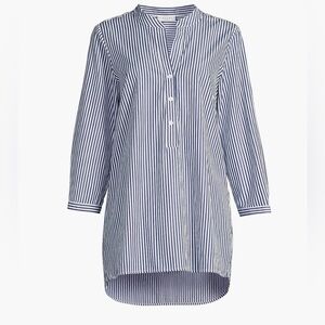 Harshman Tunic Top‎ Medium Navy White Striped Cotton 3/4 Sleeve High-Low Popover
